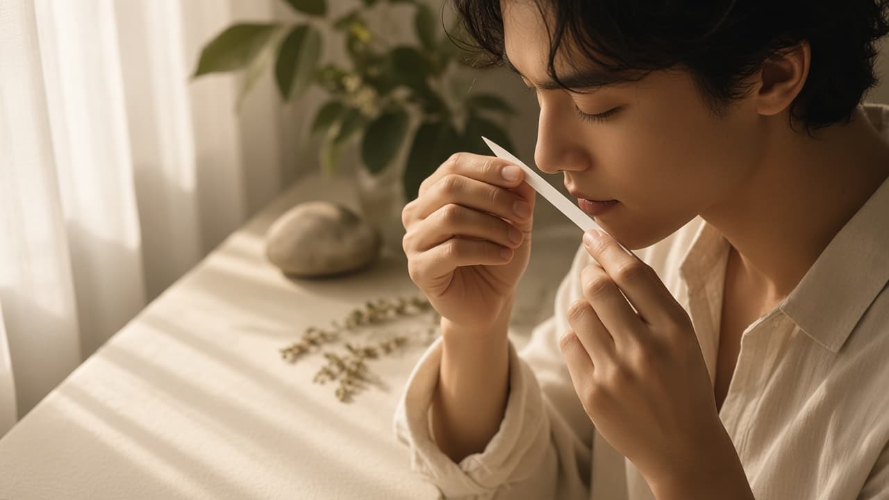 Fragrance enthusiast smelling a blotter strip