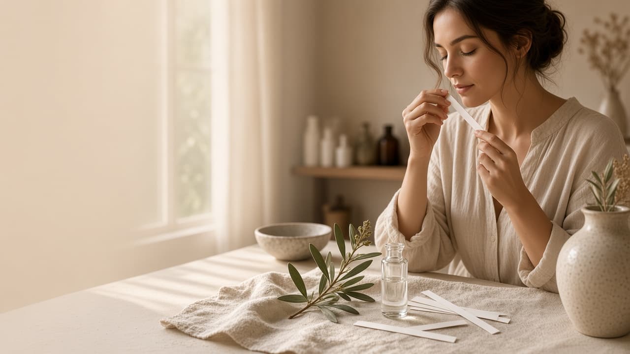 Person recalling a scent memory with a perfume blotter