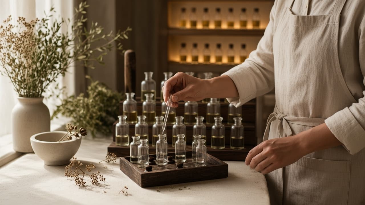 Artisan perfumer composing at the organ