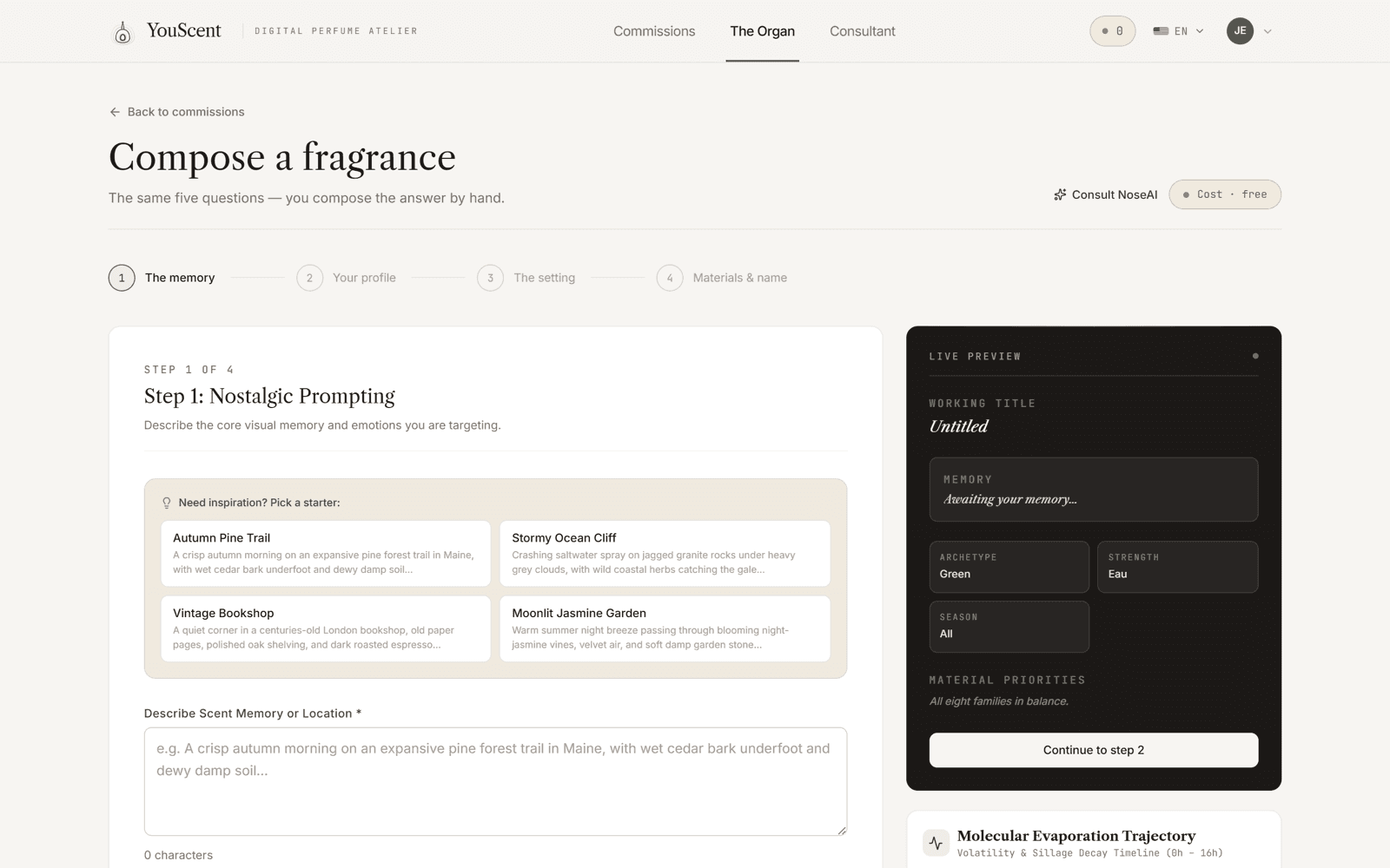 Perfumer organ, composing a commission by hand